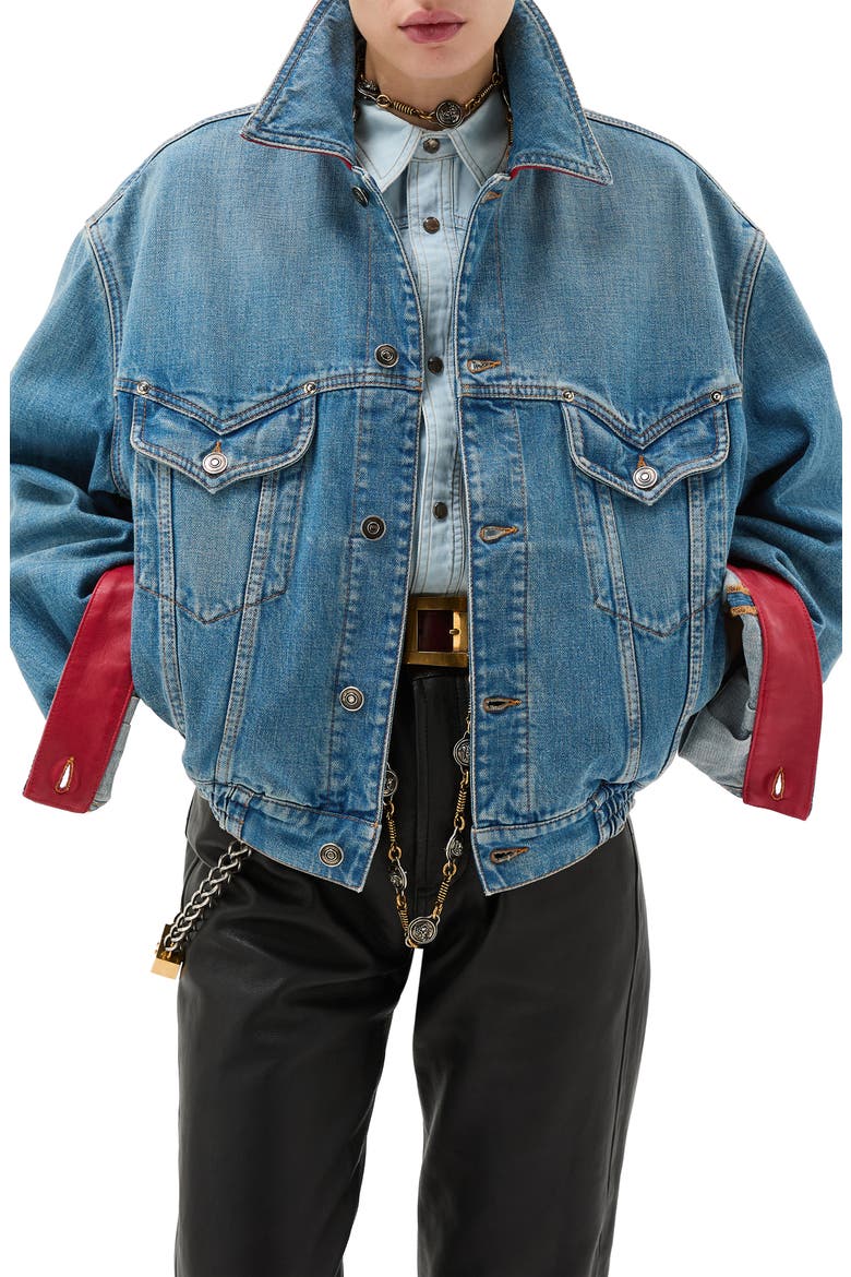 Gender Inclusive Oversize Colorblock Denim & Leather Trucker Jacket, Main, color, MEDIUM BLUE RED