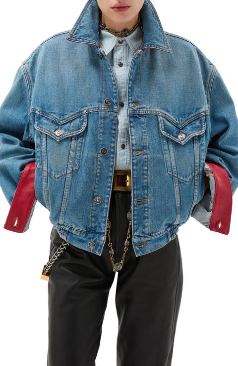 Gender Inclusive Oversize Colorblock Denim & Leather Trucker Jacket