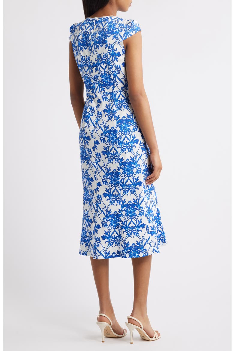 Floral Print Cap Sleeve Midi Dress, Alternate, color, PALACE BLUE/ PEARL WHIT