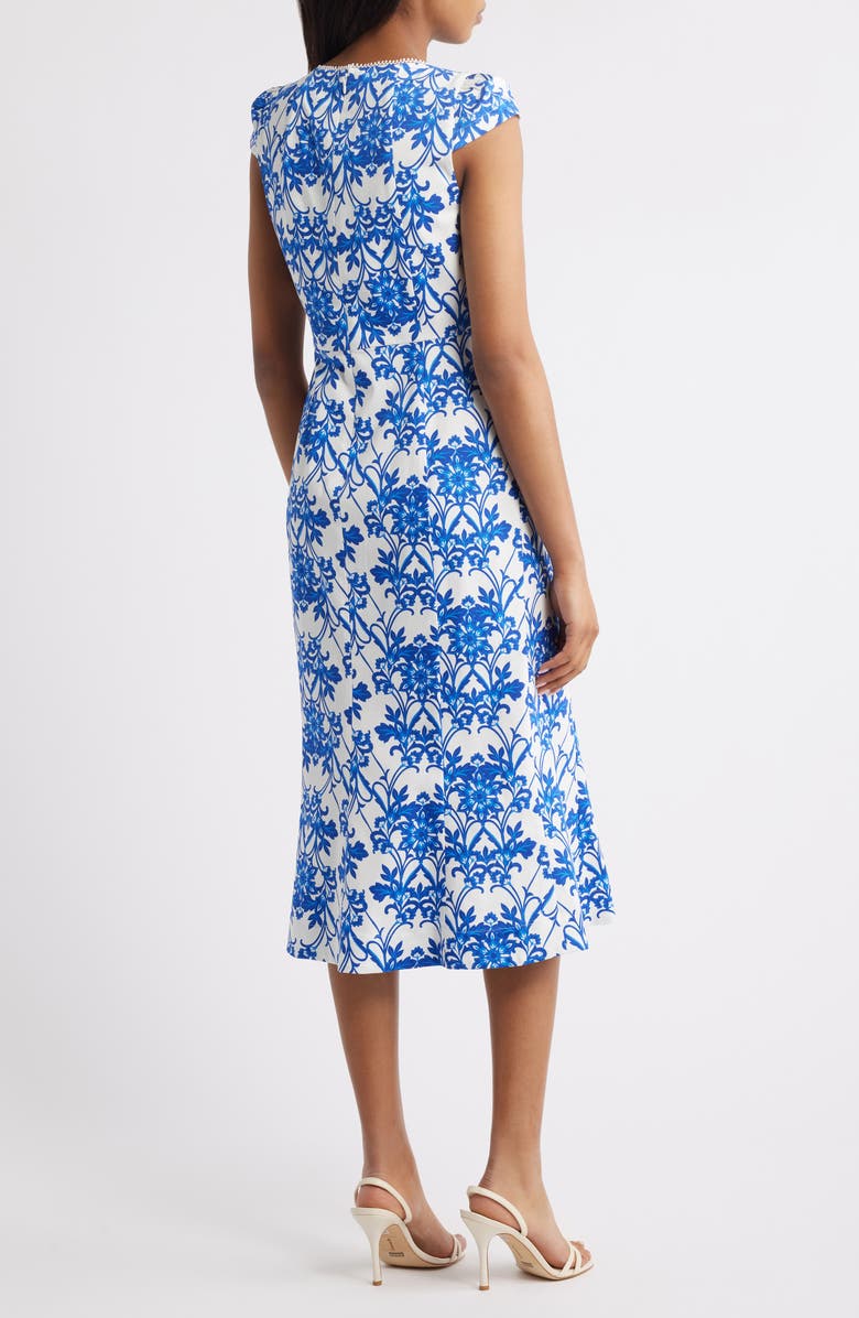 Anne Klein Floral Print Cap Sleeve Midi Dress, Alternate, color, Palace Blue/ Pearl Whit