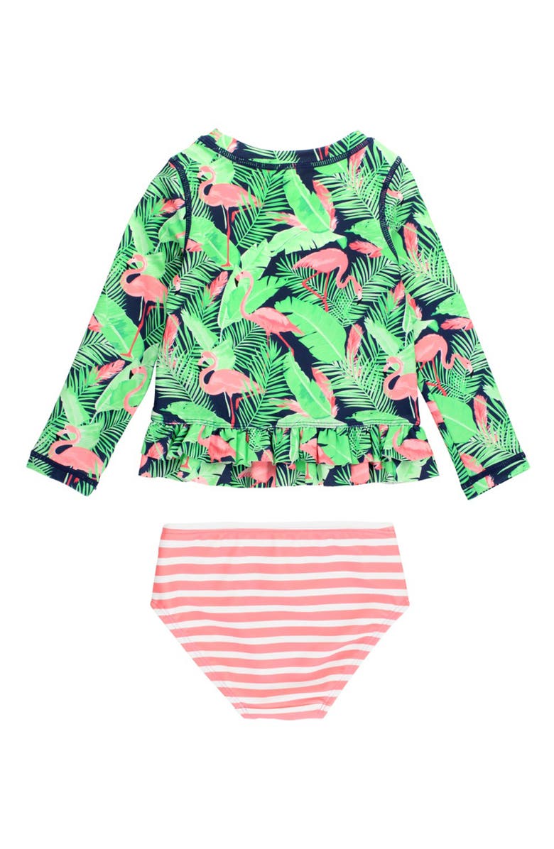 RuffleButts Kids' Flamingo Frenzy Long Sleeve Two-Piece Rashguard Swimsuit, Alternate, color, Blue
