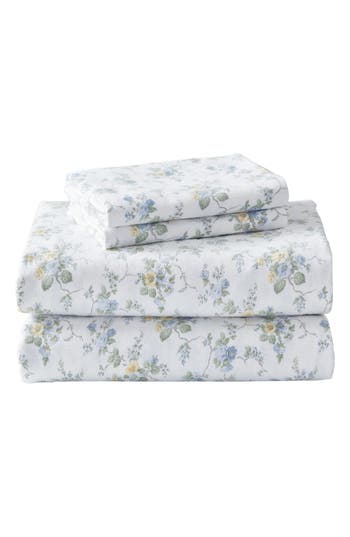 Laura Ashley Le Fleur Cotton Flannel Sheet Set In Light Pastel Blue