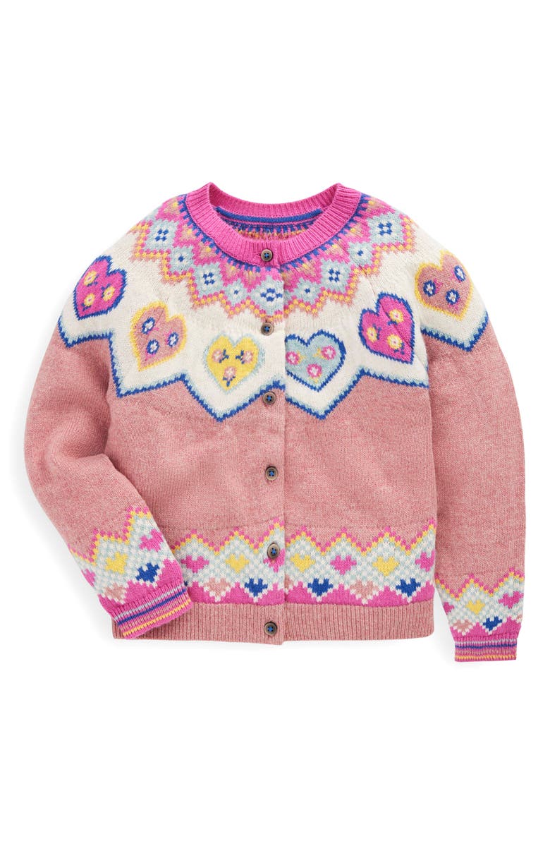 Mini Boden Kids' Edie Fair Isle Cardigan, Main, color, Pink Hearts