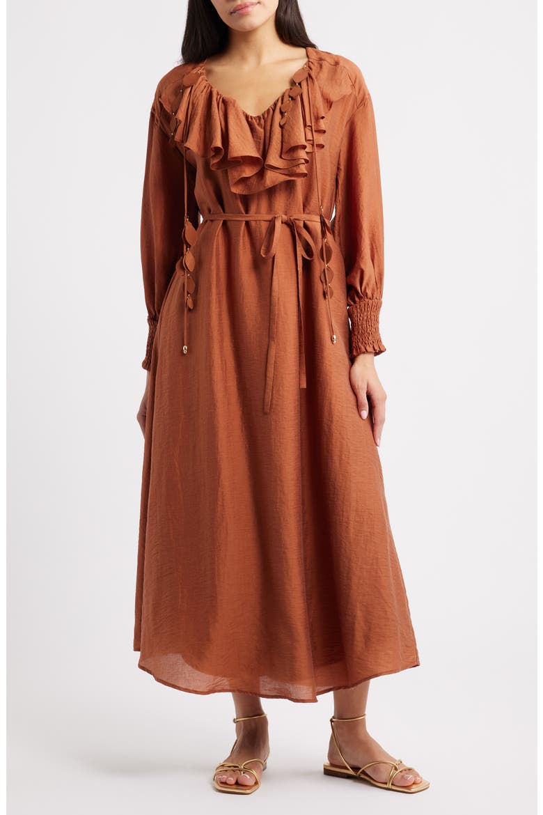 Kiyelle Ruffle Long Sleeve Dress, Main, color, MOCHA