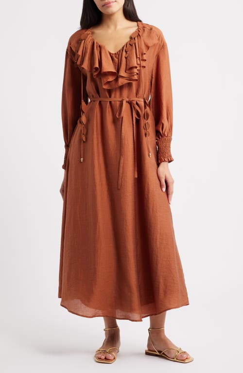 CIEBON Kiyelle Ruffle Long Sleeve Dress in Mocha 