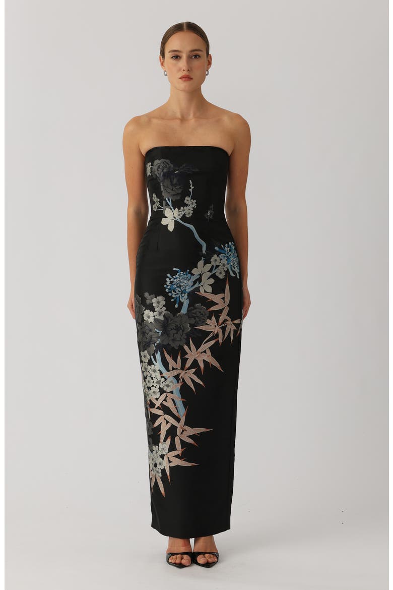 Ilsa Strapless Jacquard Sheath Gown, Alternate, color, BLACK MULTI