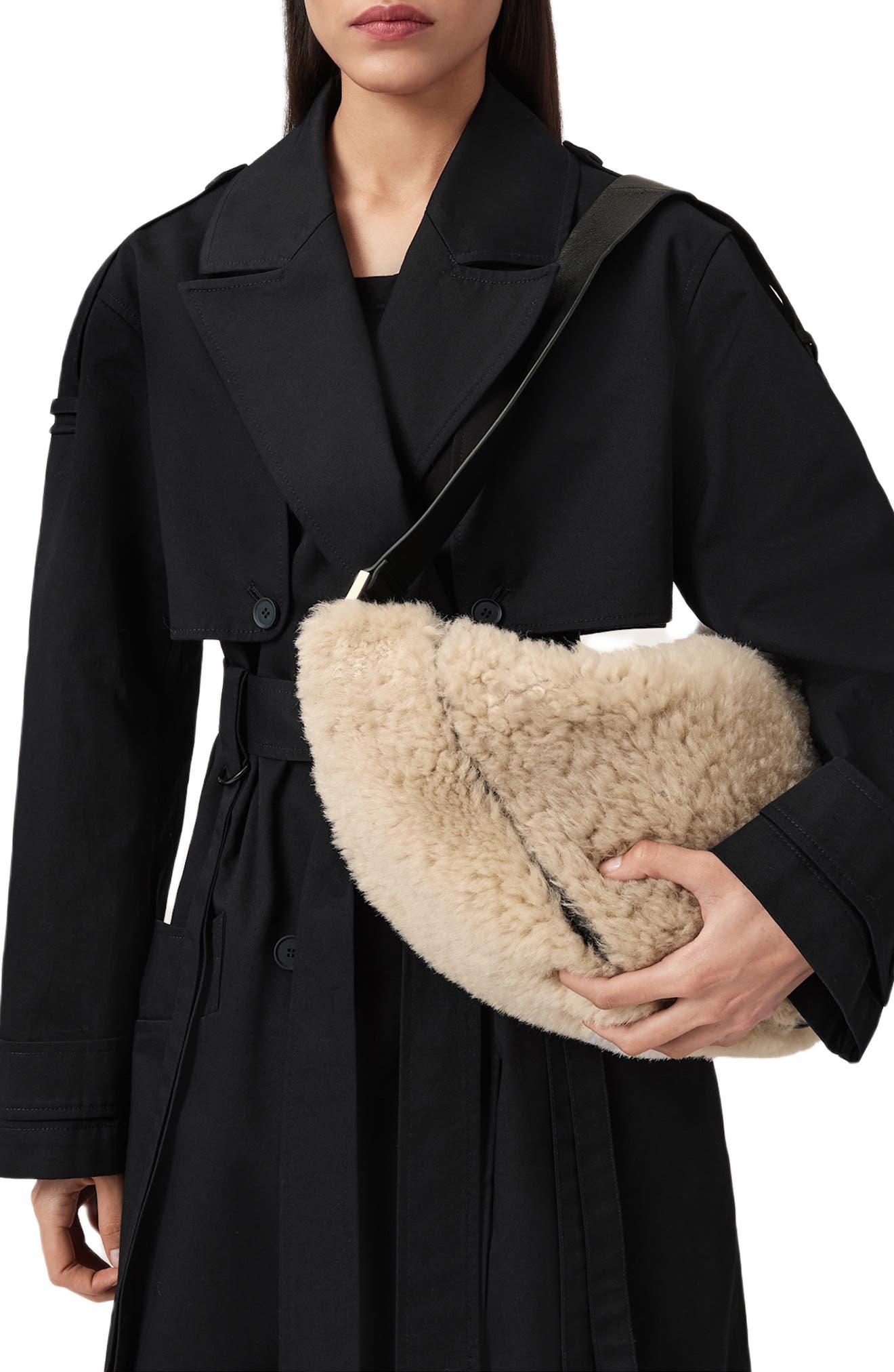 AllSaints Luna Genuine Shearling Shoulder Bag, Alternate, color, Natural/ Black