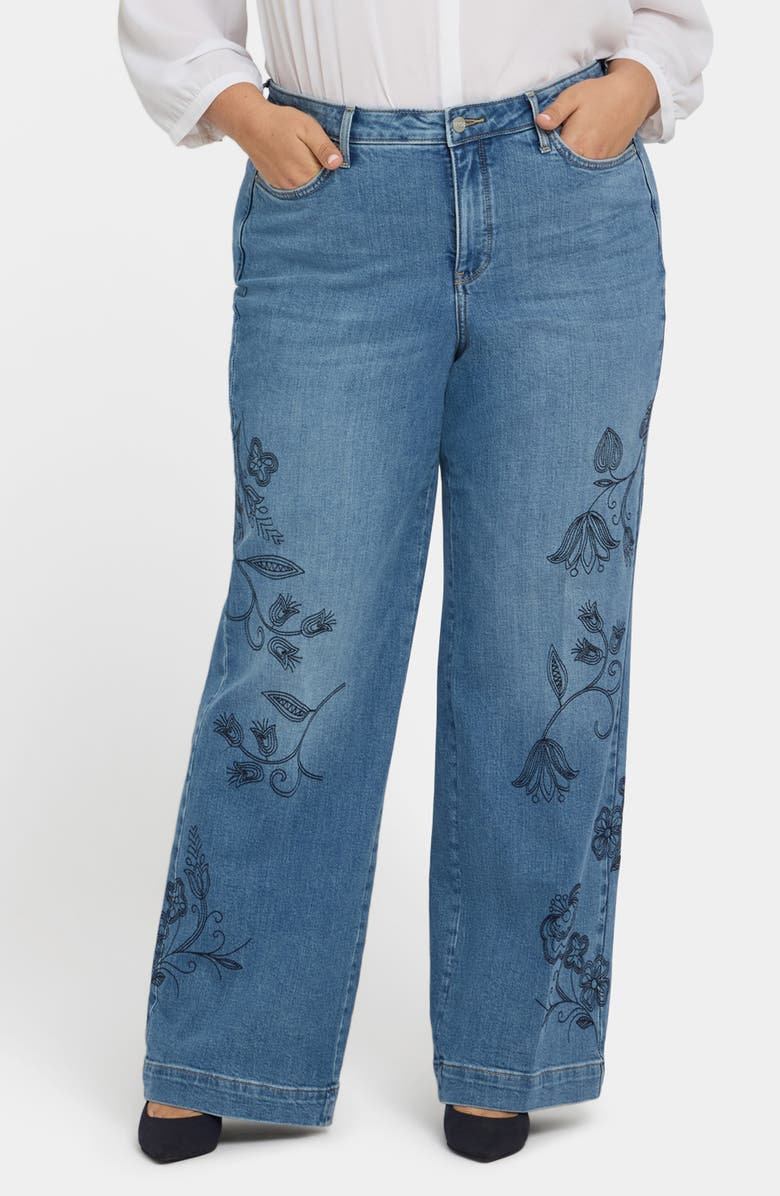 NYDJ Teresa Floral Embroidered Wide Leg Jeans, Main, color, Water Canyon
