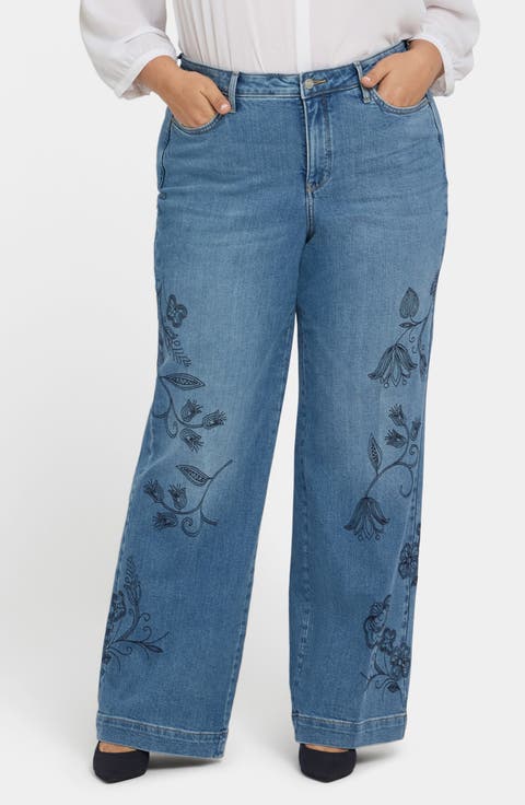 Teresa Floral Embroidered Wide Leg Jeans (Plus)