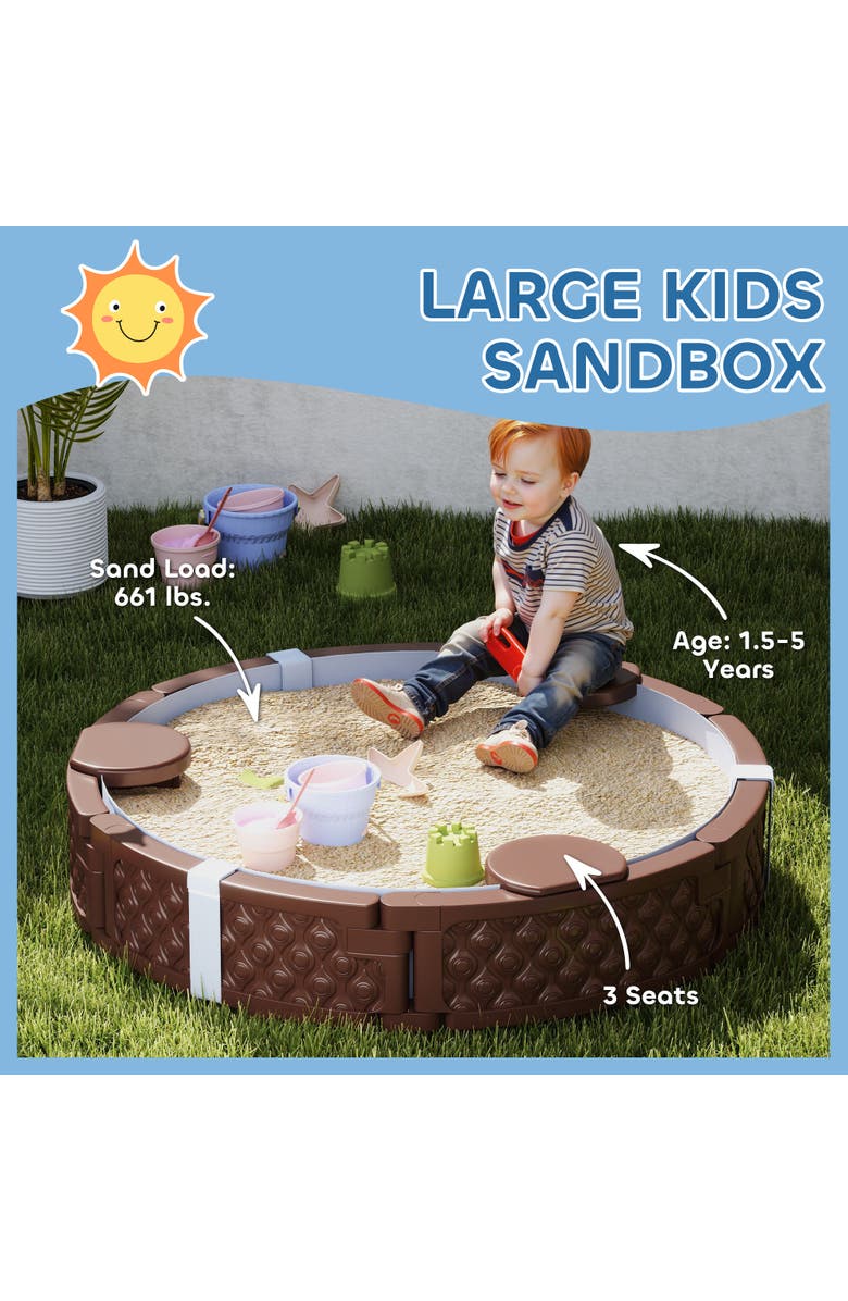 Qaba Kids Sandbox with Cover, Built-in Seating & Bottom Liner, Alternate, color, Brown