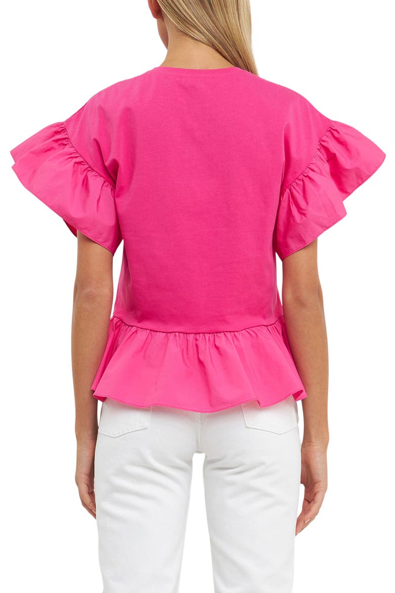 Mixed Media Flutter Sleeve Peplum Cotton Top, Alternate, color, FUCHSIA