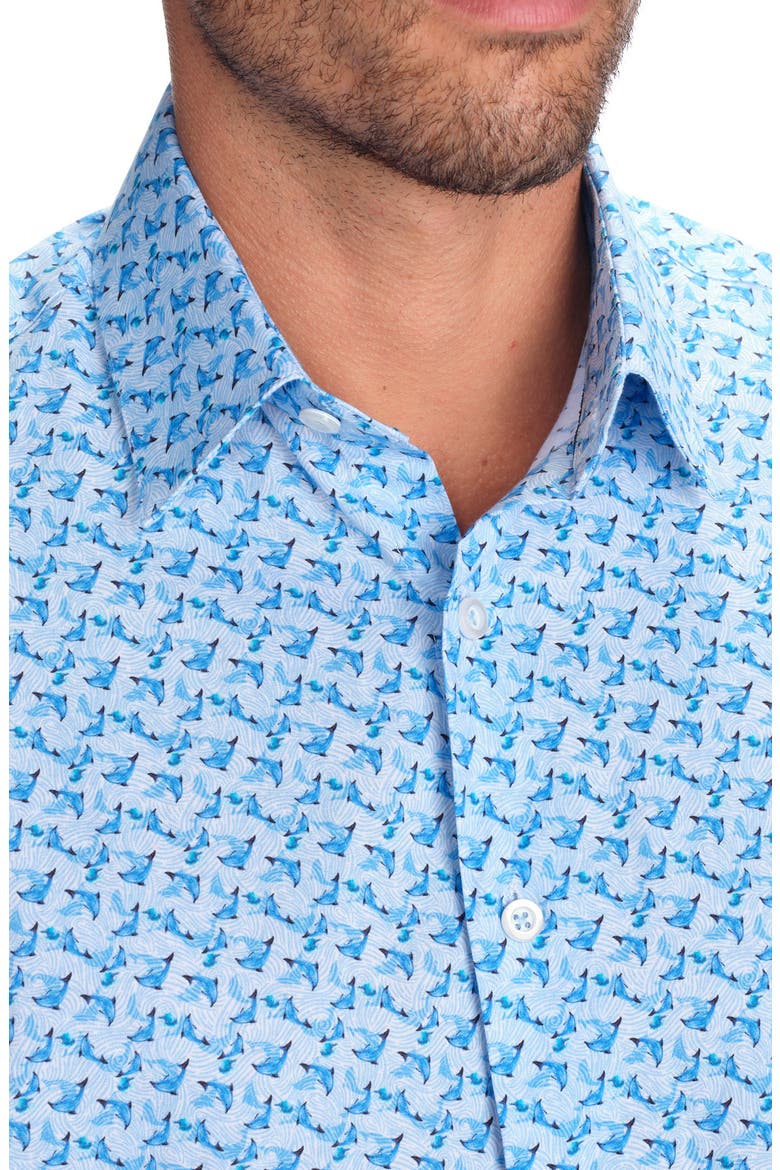 Dolphin Print Short Sleeve Cotton Button-Up Shirt, Alternate, color, BLUE