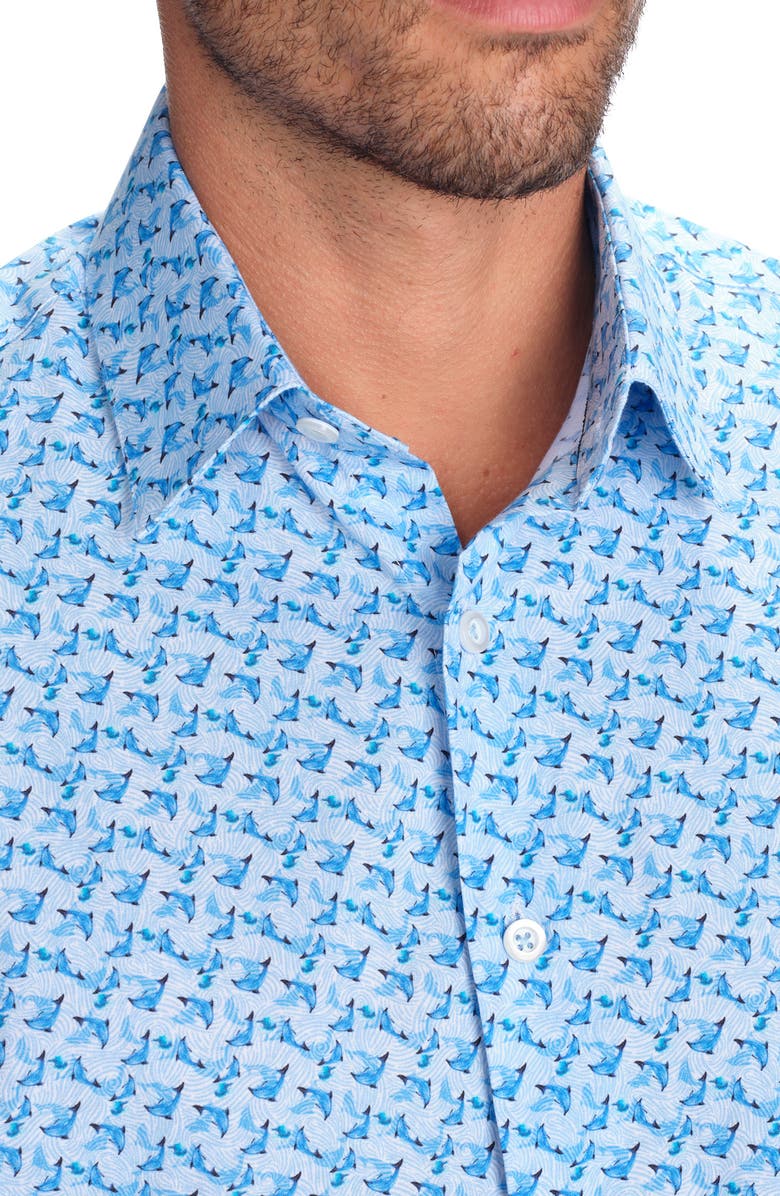 STUDIO GARNET LOS ANGELES Dolphin Print Short Sleeve Cotton Button-Up Shirt, Alternate, color, Blue