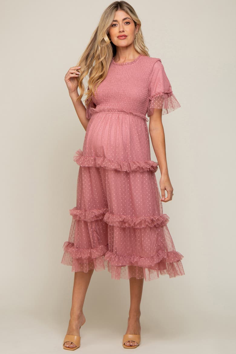 Polka Dot Tulle Smocked Midi Dress, Alternate, color, Pink