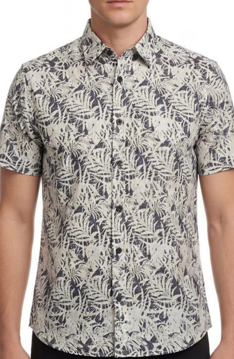 Report Collection Leaf Print Short Sleeve Linen & Cotton Blend Button-Up Shirt, Main, color, Navy