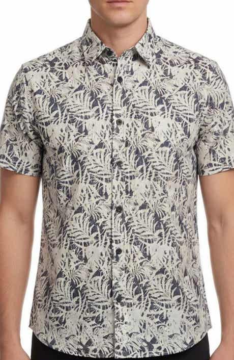 Report Collection Leaf Print Short Sleeve Linen & Cotton Blend Button-Up Shirt