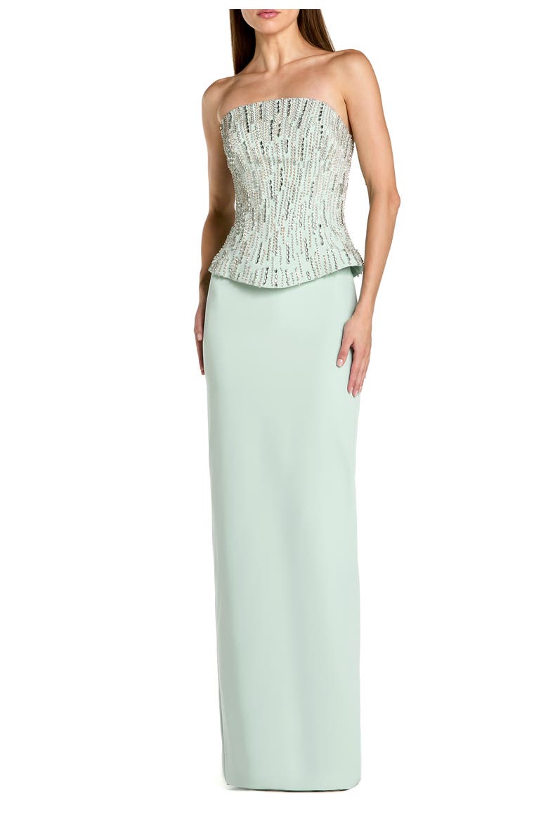 Mac Duggal Crepe Embellished Corset Strapless Column Gown, Main, color, Mint