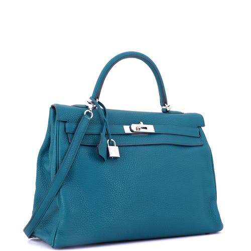 Pre-owned Hermes  Hermes Kelly Handbag Blue Clemence With Palladium Hardware 35 In Blue