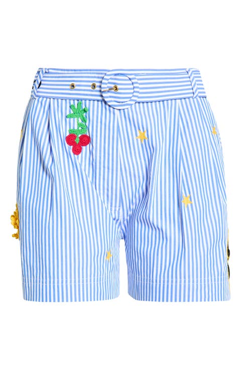 Magic of the Mercado Crochet Embellished Stripe Cotton Shorts