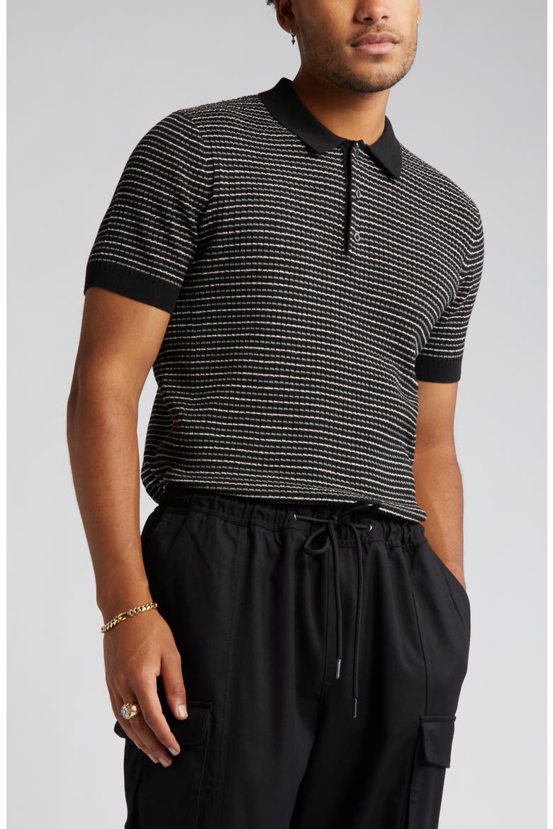 Texture Knit Polo Sweater, Main, color, BLACK RIB STRIPE