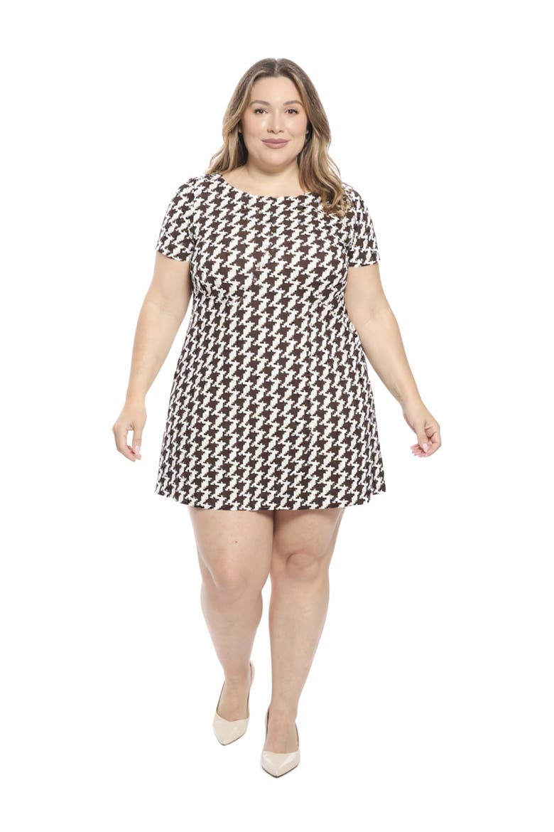 Plus Size Geometric Short Sleeve Round Neck Mini Shift Dress, Main, color, Brown Multi