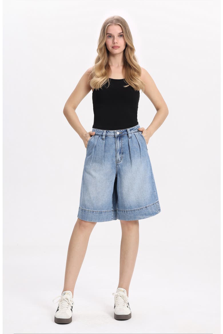 Pleated High Waist Denim Bermuda Shorts, Alternate, color, MEDIUM BLUE