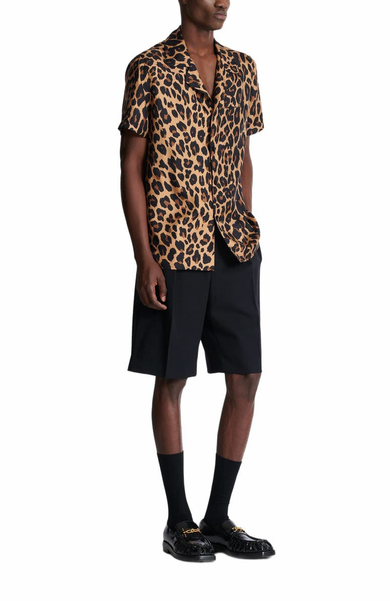 Balmain Leopard Print Silk Pyjama Shirt, Main, color, Brown