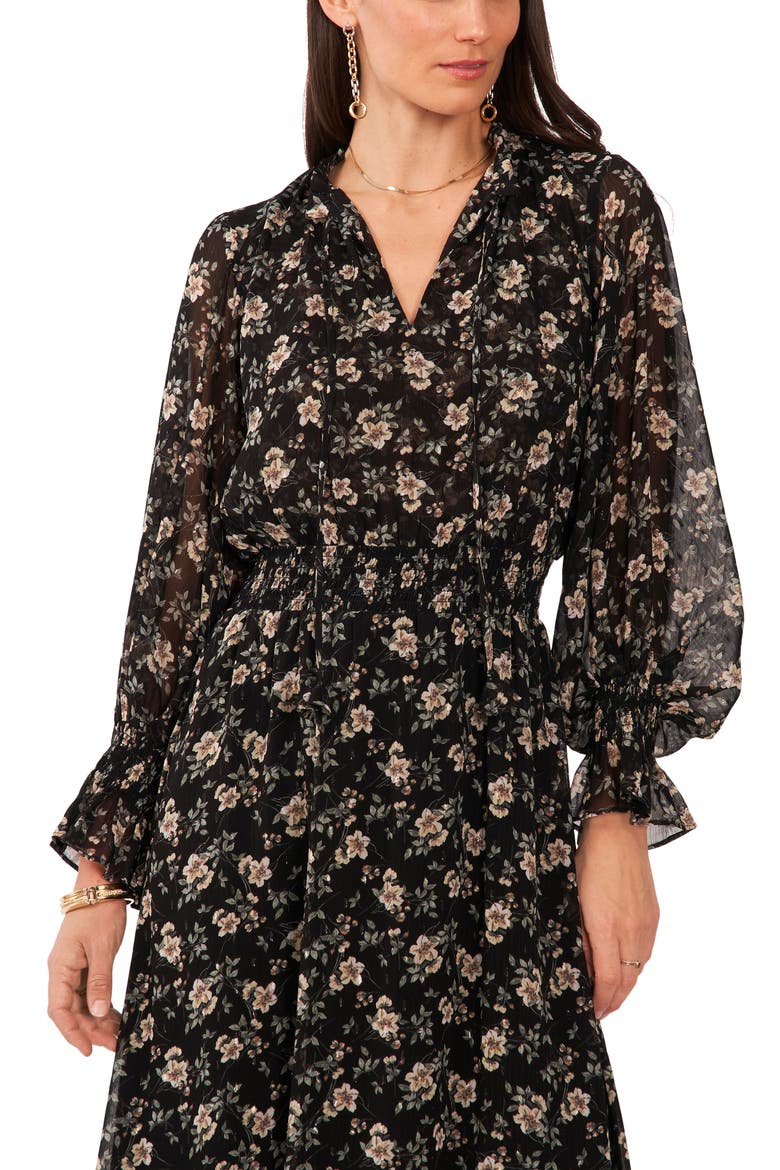 Floral Long Sleeve Midi Dress, Alternate, color, RICH BLACK