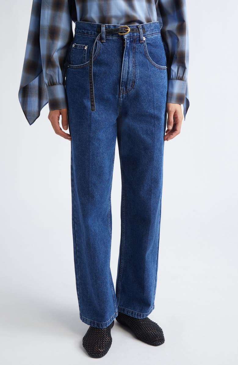 EENK Belted High Waist Straight Leg Jeans, Main, color, Denim Blue Cotton