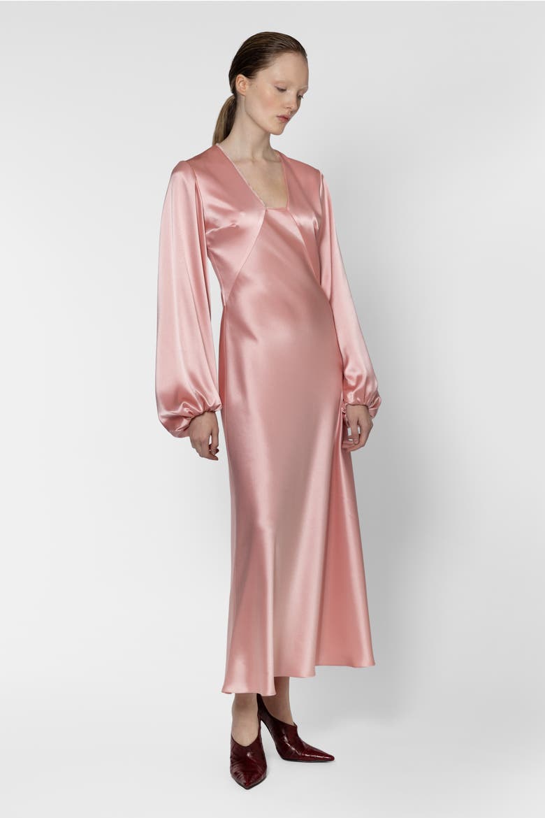 Amori Long Sleeve Satin Midi Dress, Alternate, color, Rose Clair