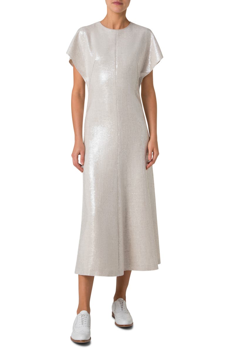 Akris Sequin Dolman Sleeve Midi Dress, Main, color, Greige