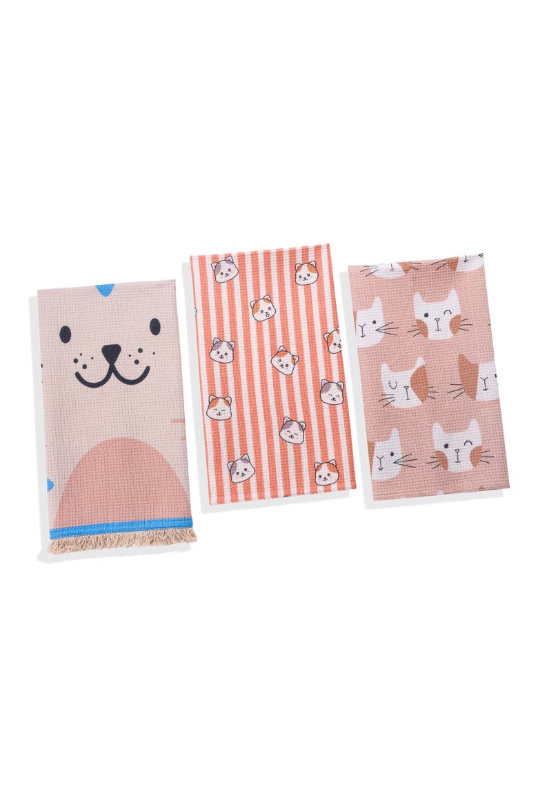 Feline Chic Set of 3 Cotton Waffle Kitchen Towels, Main, color, DUSTY ROSE/ BEIGE