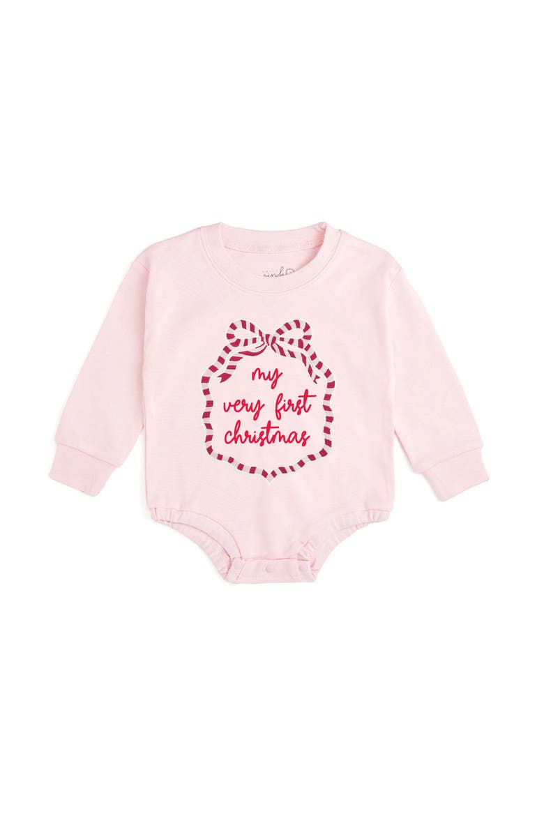 My First Christmas Sequin Bow Patch Long Sleeve Romper, Main, color, Ballet Pink