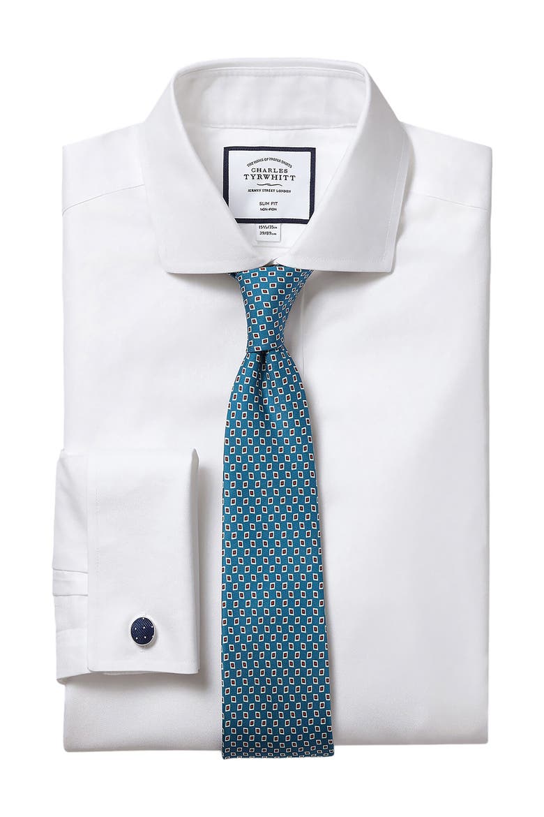 Non-Iron Twill Cutaway Slim Fit Shirt Double Cuff, Alternate, color, WHITE