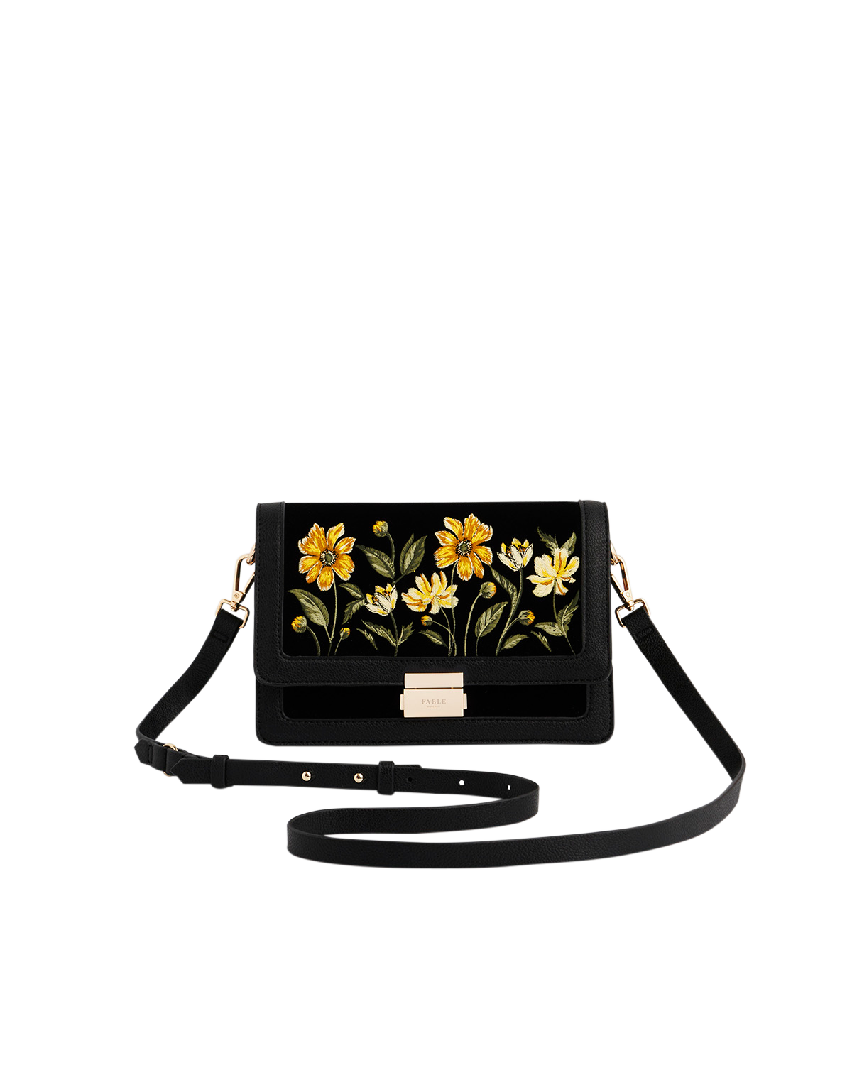 Fable England Botanical Velvet Embroidered Foldover Bag, Main, color, Black