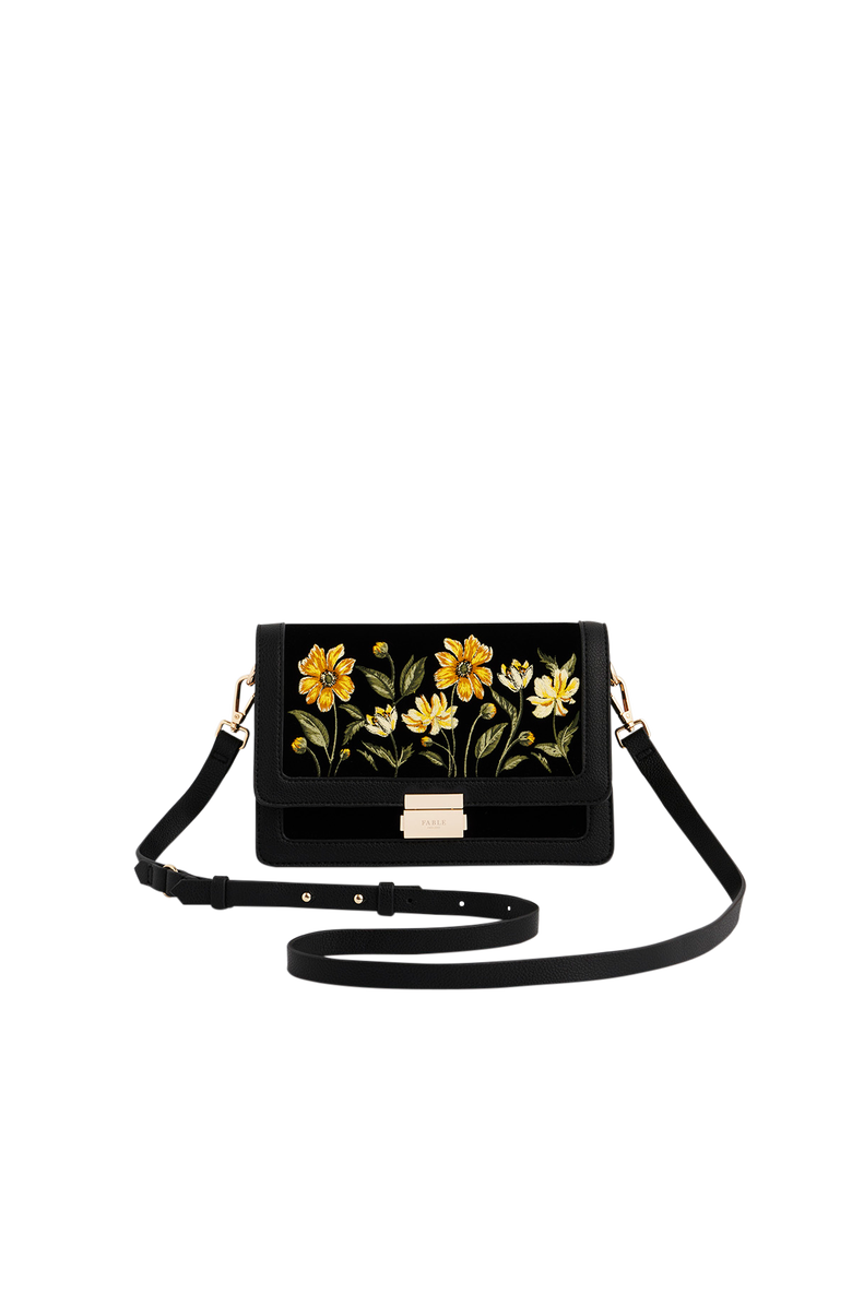 Fable England Botanical Velvet Embroidered Foldover Bag, Main, color, Black