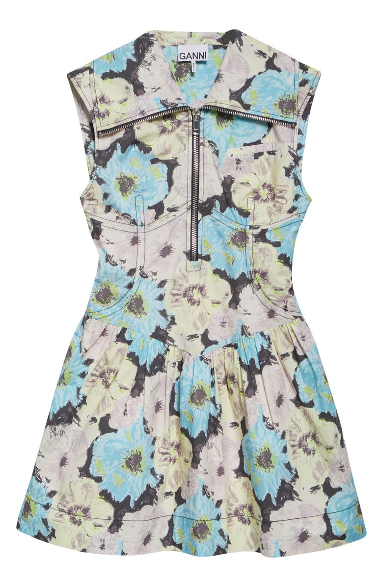 Ganni Floral Zip Front Organic Cotton Minidress, Alternate, color, White Multicolor