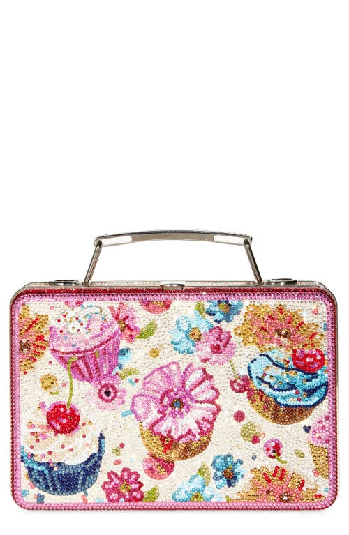 JUDITH LEIBER COUTURE Cupcakes Embellished Lunchbox Clutch in Silver Fuchsia Multi 