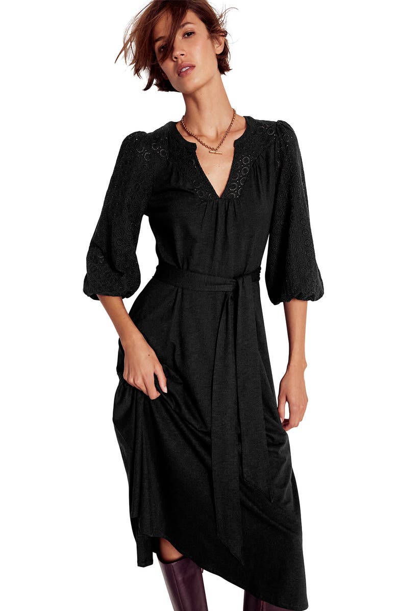 Boden Eden Broderie Anglaise & Jersey Midi Dress, Alternate, color, Black