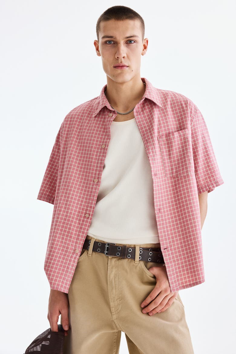 Relaxed Fit Short-sleeved Cotton Shirt, Main, color, Pink/checked