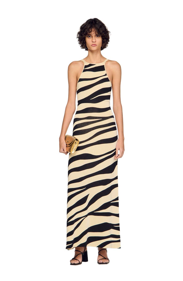 SANDRO Zebra print knit maxi dress, Alternate, color, Ecru / Black