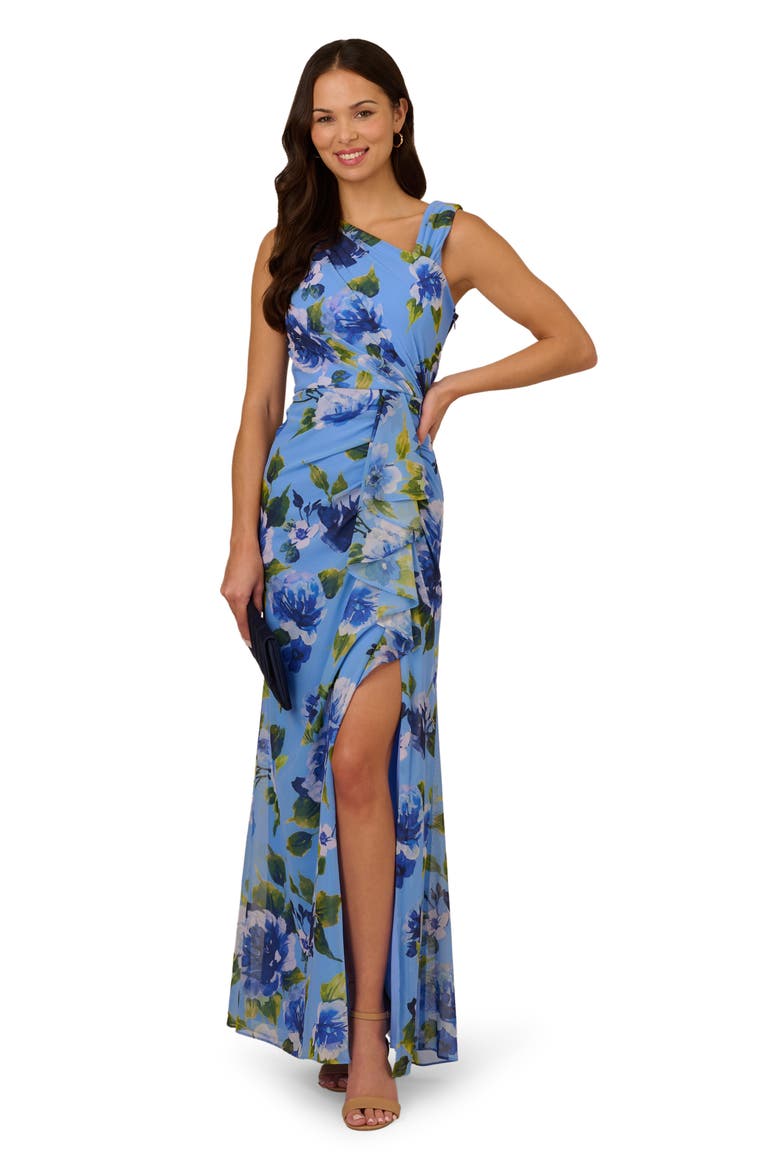Printed Ruffle Chiffon Mermaid Gown, Alternate, color, BLUE MULTI