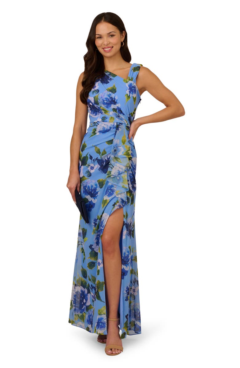 Adrianna Papell Printed Ruffle Chiffon Mermaid Gown, Alternate, color, 