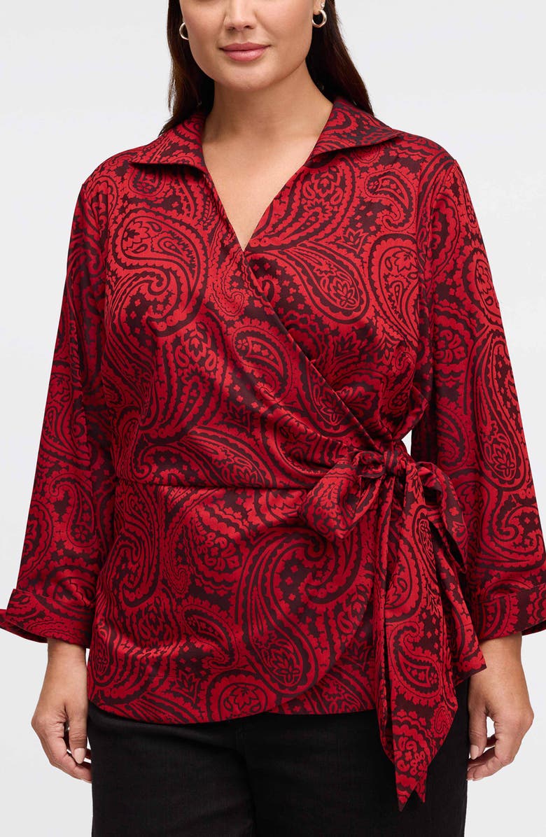 Foxcroft Salina Paisley Print Cotton Blend Wrap Shirt, Main, color, Black/ Red