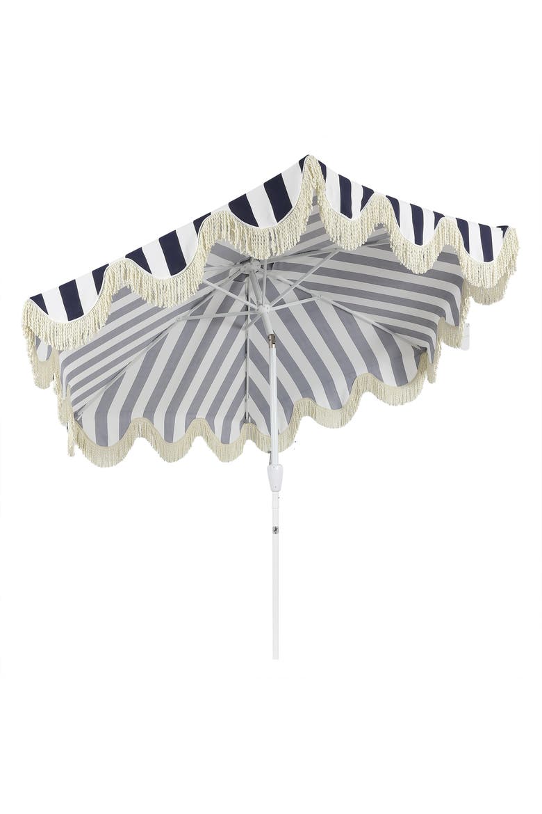 Collins Bohemian Fringe Outdoor Patio Umbrella with Crank Lift and Tilt, Scalloped UV-Resistant Canopy, Aluminum Pole, Alternate, color, Navy/White - White Pole