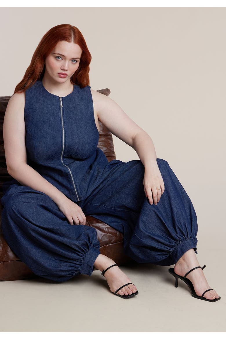Chambray Zip Up Top, Alternate, color, DARK WASH