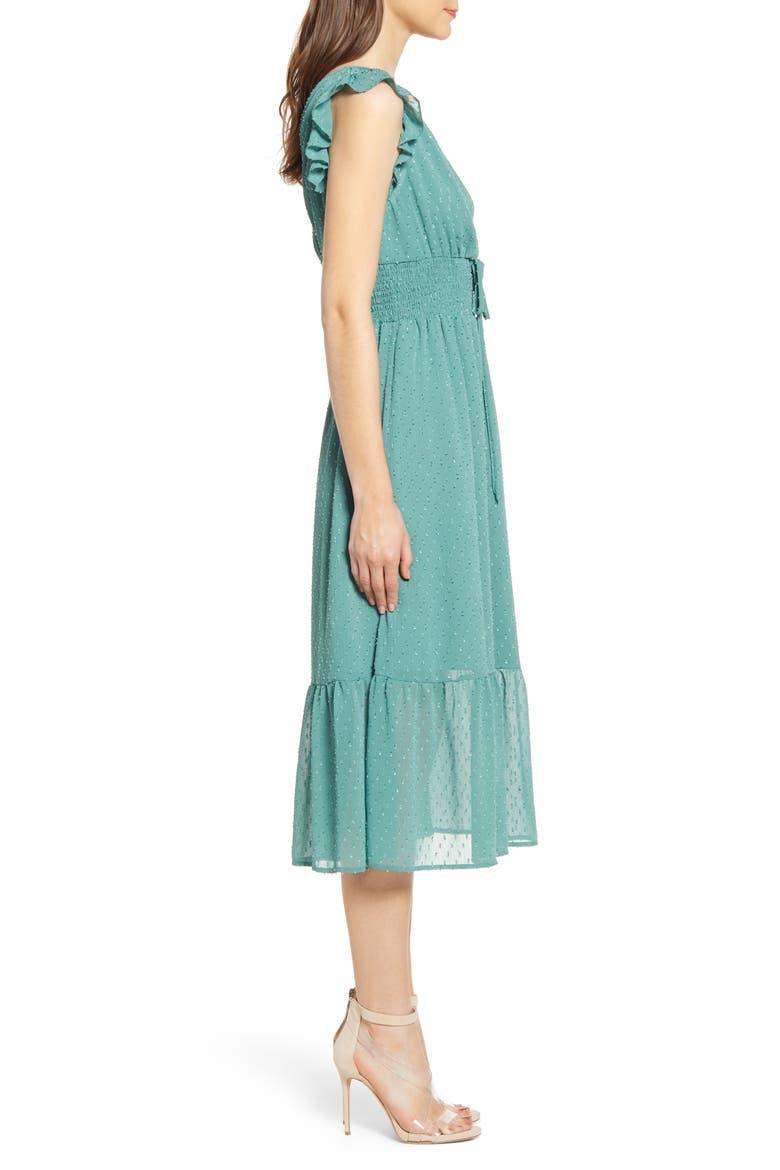Smock Waist Ruffle Sleeve Cotton & Linen Dress, Alternate, color, GREEN