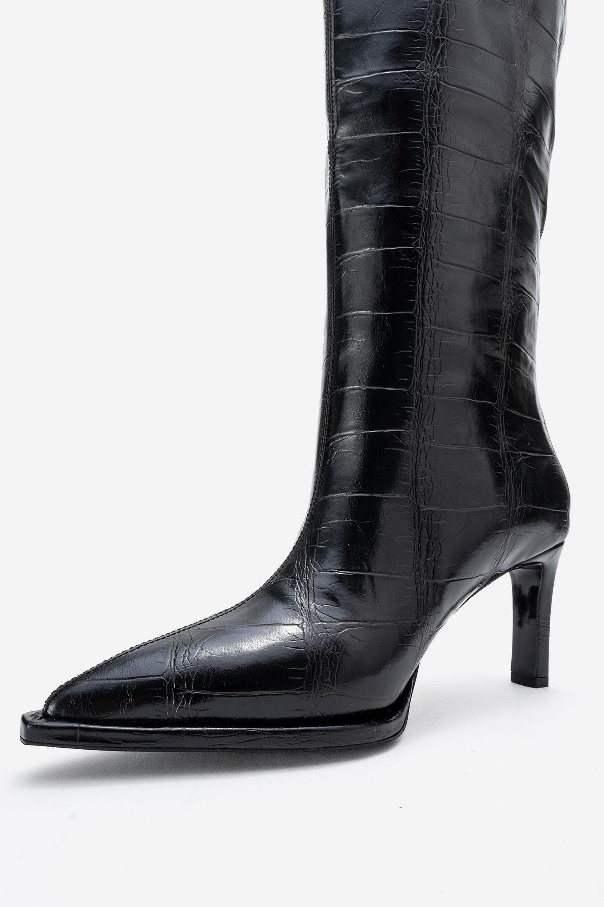 Prologue Shoes Lunelle Stiletto Knee High Boot, Alternate, color, Black Print Faux Leather