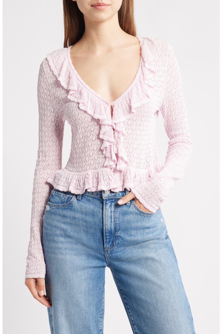 Nilah Ruffle Pointelle Cardigan, Main, color, LOTUS PETAL