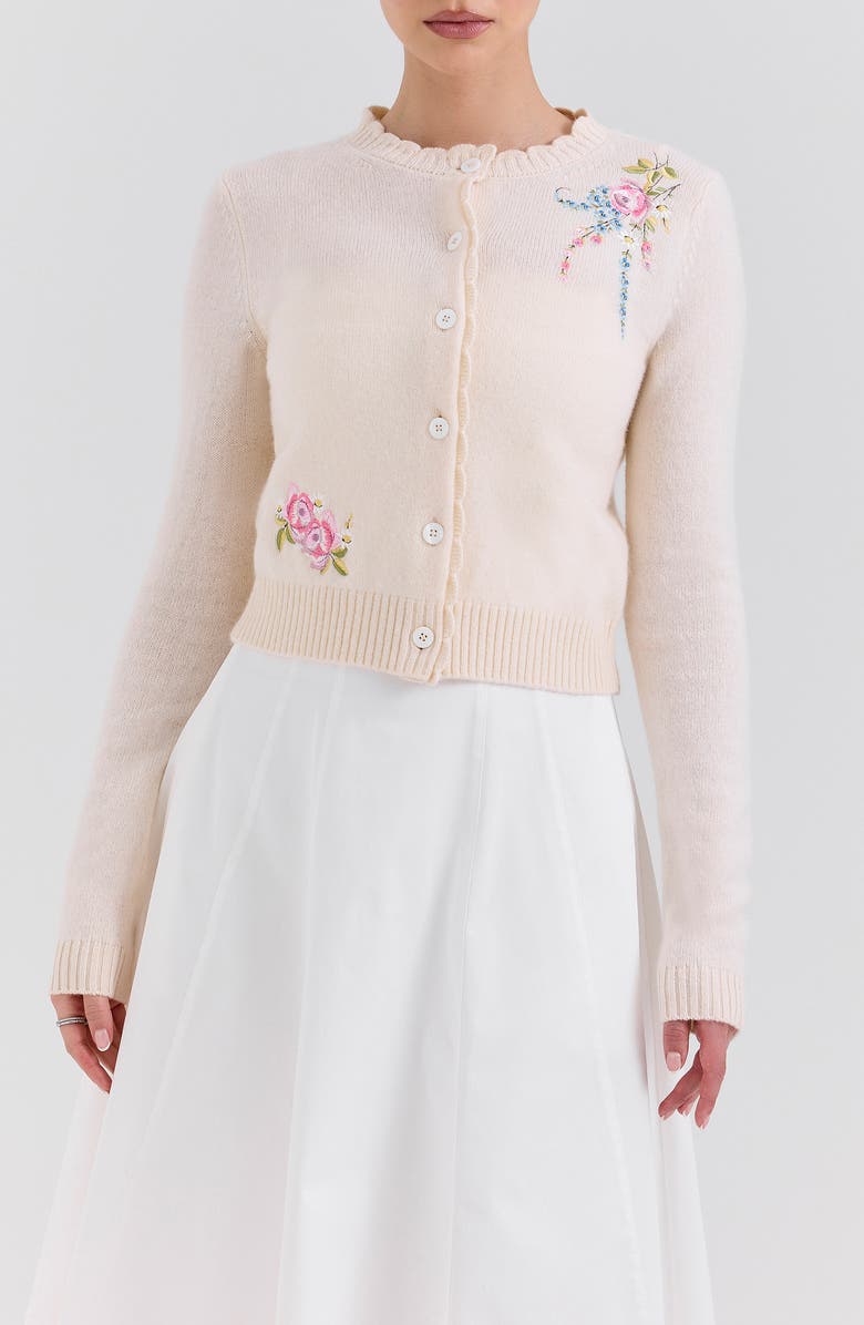 HOUSE OF CB Anjou Floral Embroidered Ruffle Wool Cardigan, Alternate, color,